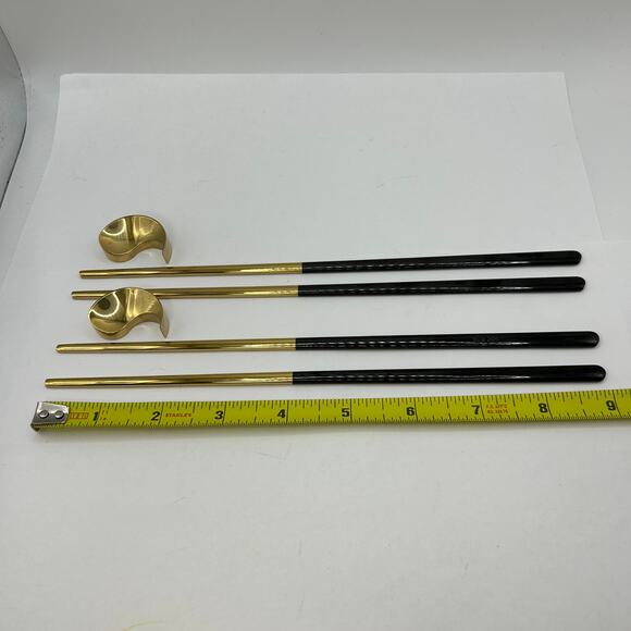 2 Sets of 9" Long Chopsticks and Chopstick Rests SUS 304 Black Handle Gold Tips - Picture 3 of 4